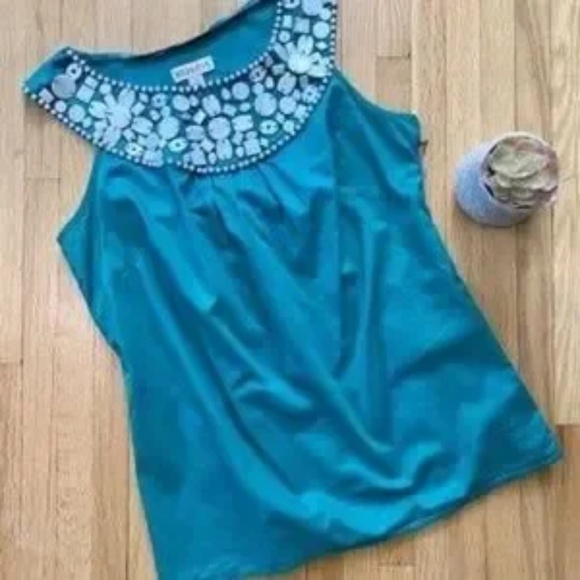 Merona Kelly Embellished Beaded Neckline Sleeveless Teal Green Tank Top Size S - Picture 11 of 11